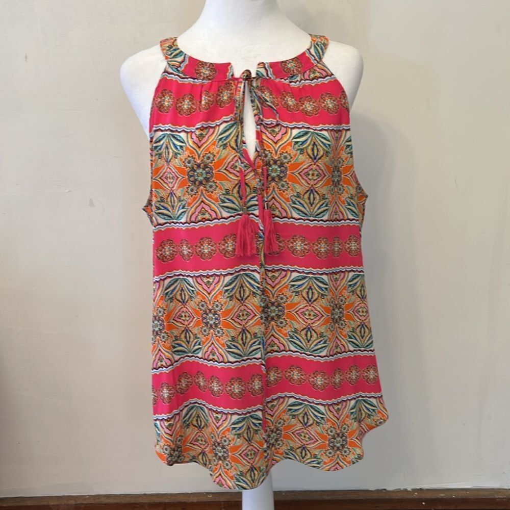 Rose & Olive Vibrant Pink and Orange Sleeveless Blouse Size L EUC - Picture 2 of 10